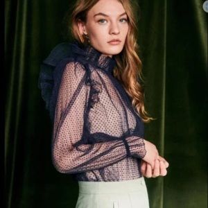 Sezane Tilda Sheer Tulle Swiss Dot Ruffled Blouse  Size FR36
